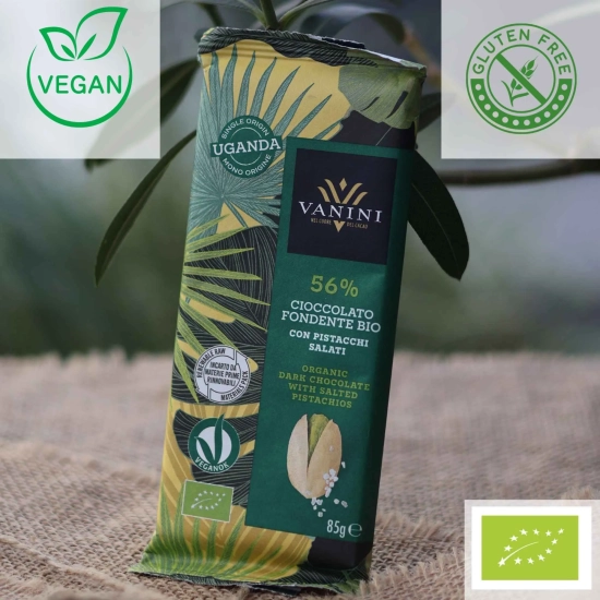 Czekolada organiczna, ciemna z solonymi pistacjami - Vanini 56% cioccolato con pistacchi BIO