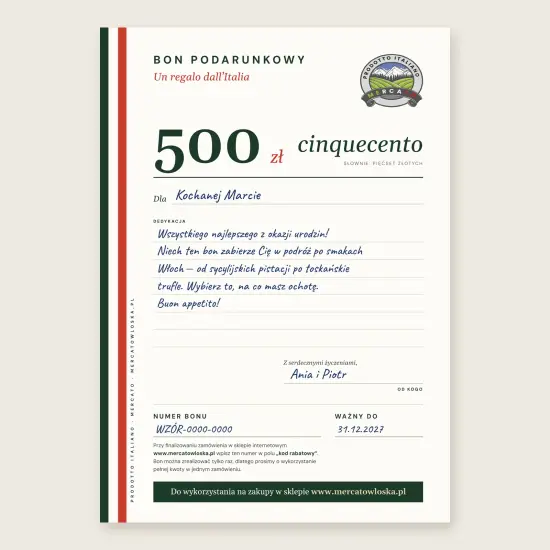 Bon podarunkowy Mercato Tricolore 500 zł wypełniony przykładową dedykacją